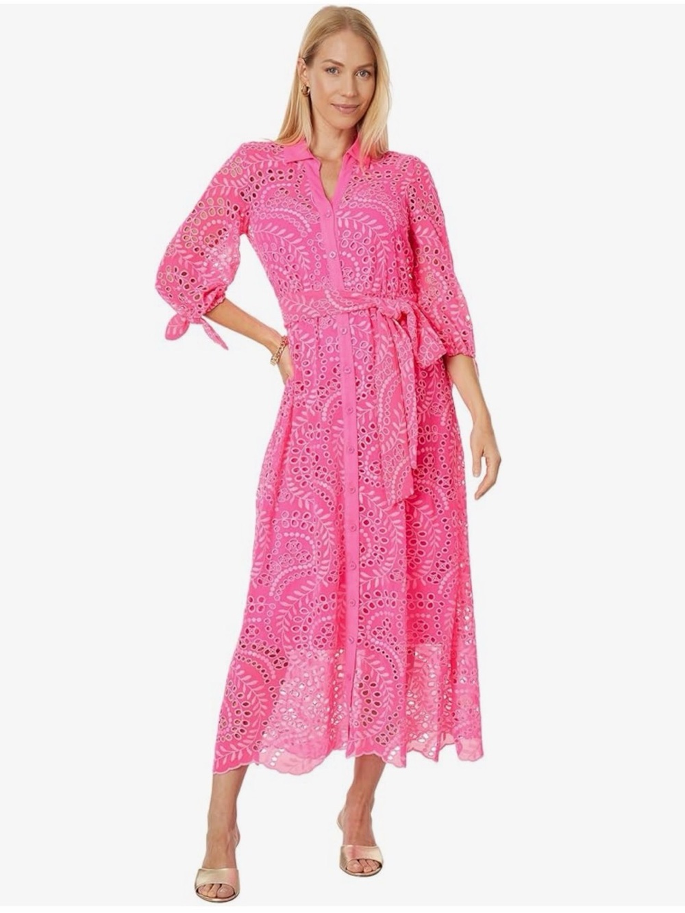 Lilly Pulitzer Amrita Midi Shirtdress Pink‎ Swirly Fern Scalloped Eyelet Size 8
